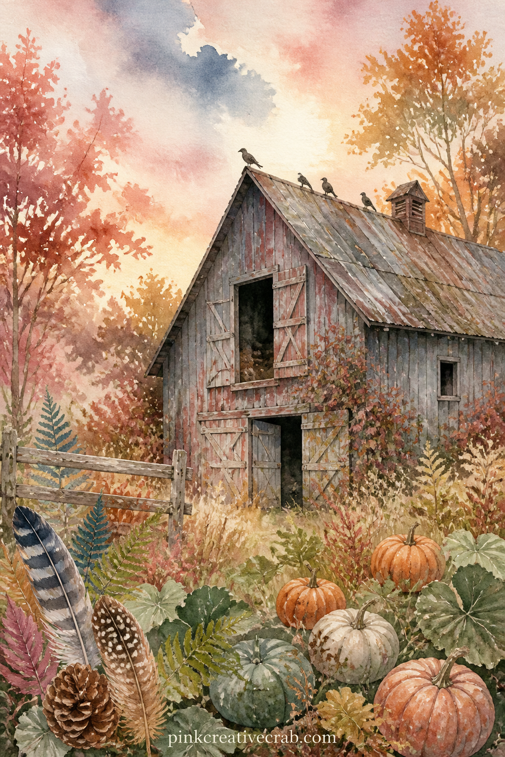 Old Barn In Autumn Light printable page — An old wooden barn stands at the edge of a field, with a pumpkin patch nearby, a few crows on the roofline and tall