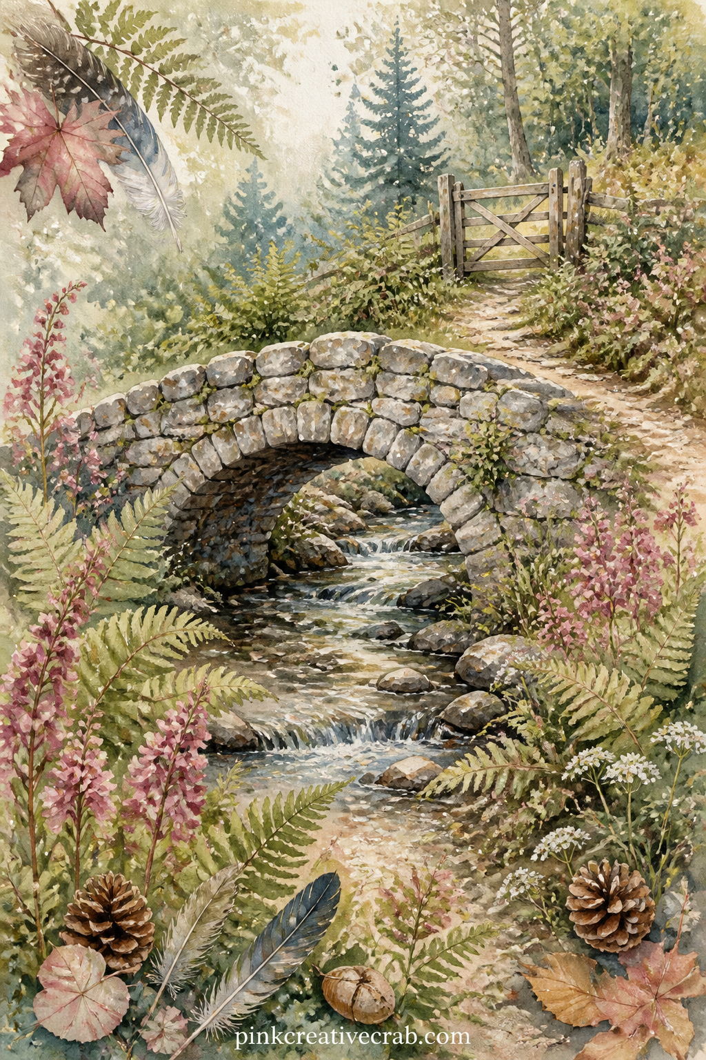 Stone Bridge Over A Brook printable page — A small stone bridge crosses a shallow brook lined with ferns and wildflowers, with a wooden gate and a worn path
