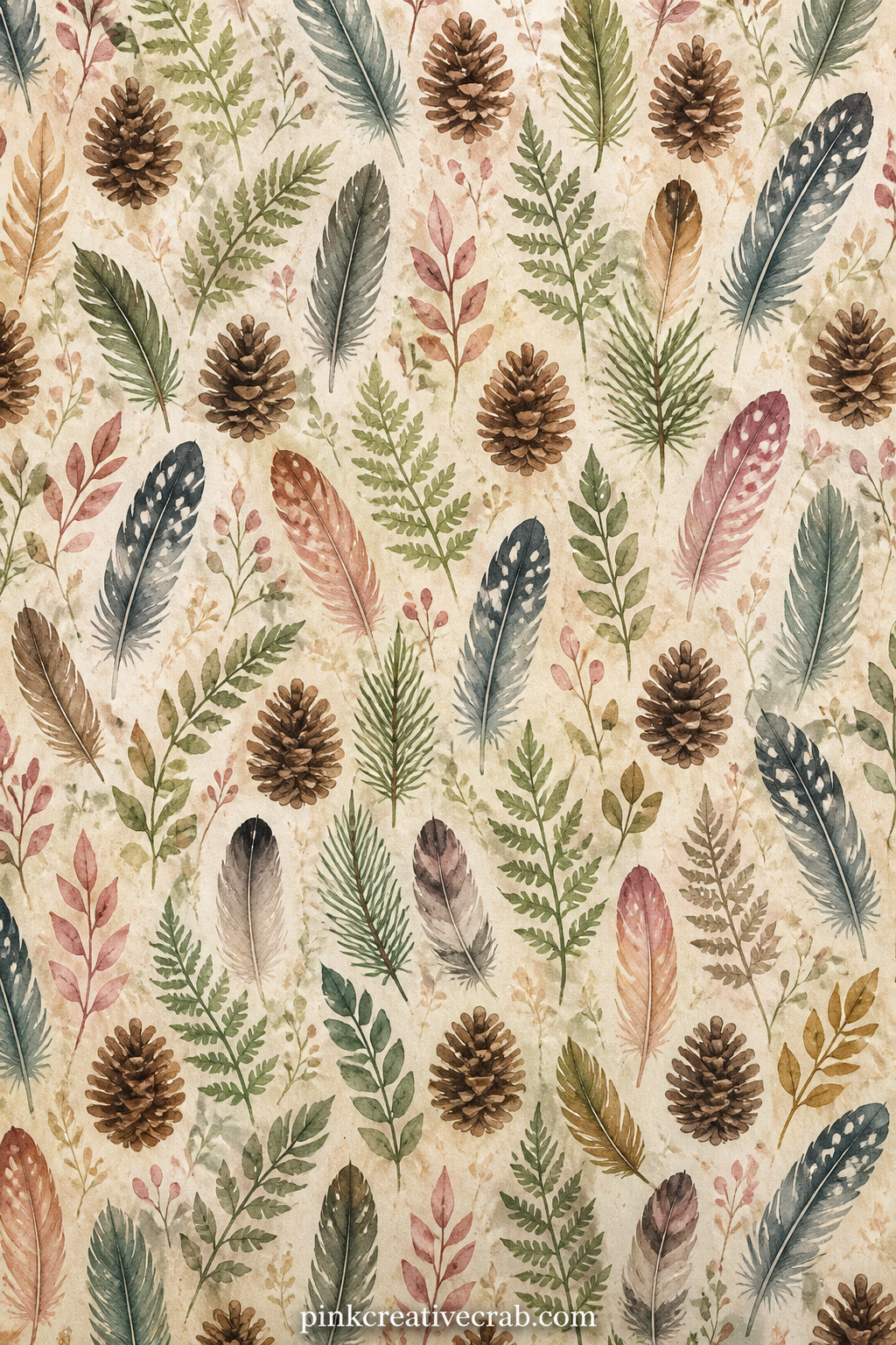 Pinecones And Feathers Pattern printable page — Use this one under a woodland photo, as a lining behind a specimen page, or as the opening cover of the whole