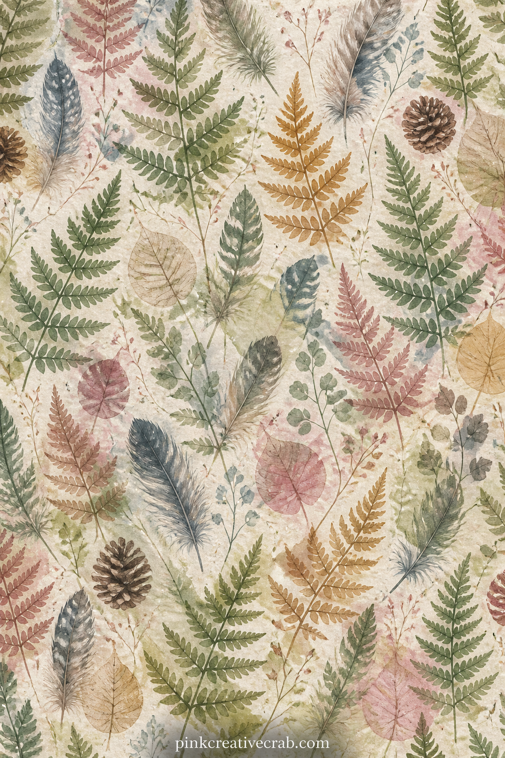 Pressed Fern Pattern printable page — Sage and dusty rose fern fronds repeat in overlapping rows across this sheet, suited to a cover, a lining behind a