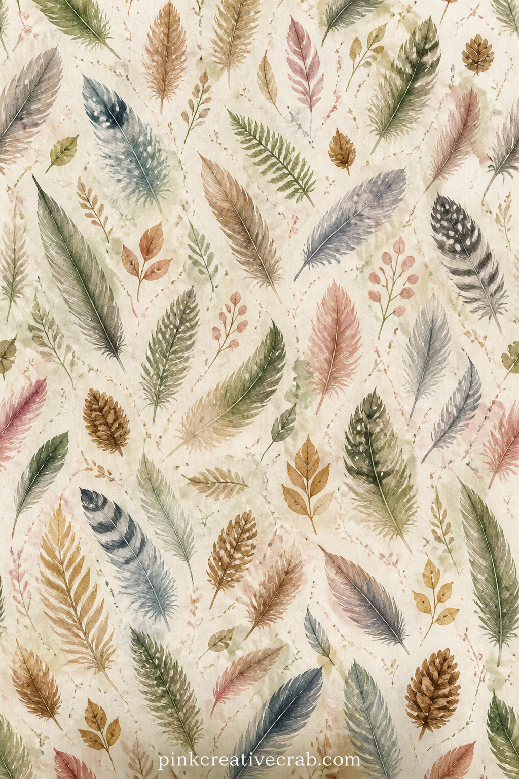 Scattered Feathers Pattern printable page — Small feathers of different shapes repeat loosely over the page, good as a lining behind a bird page, a cover