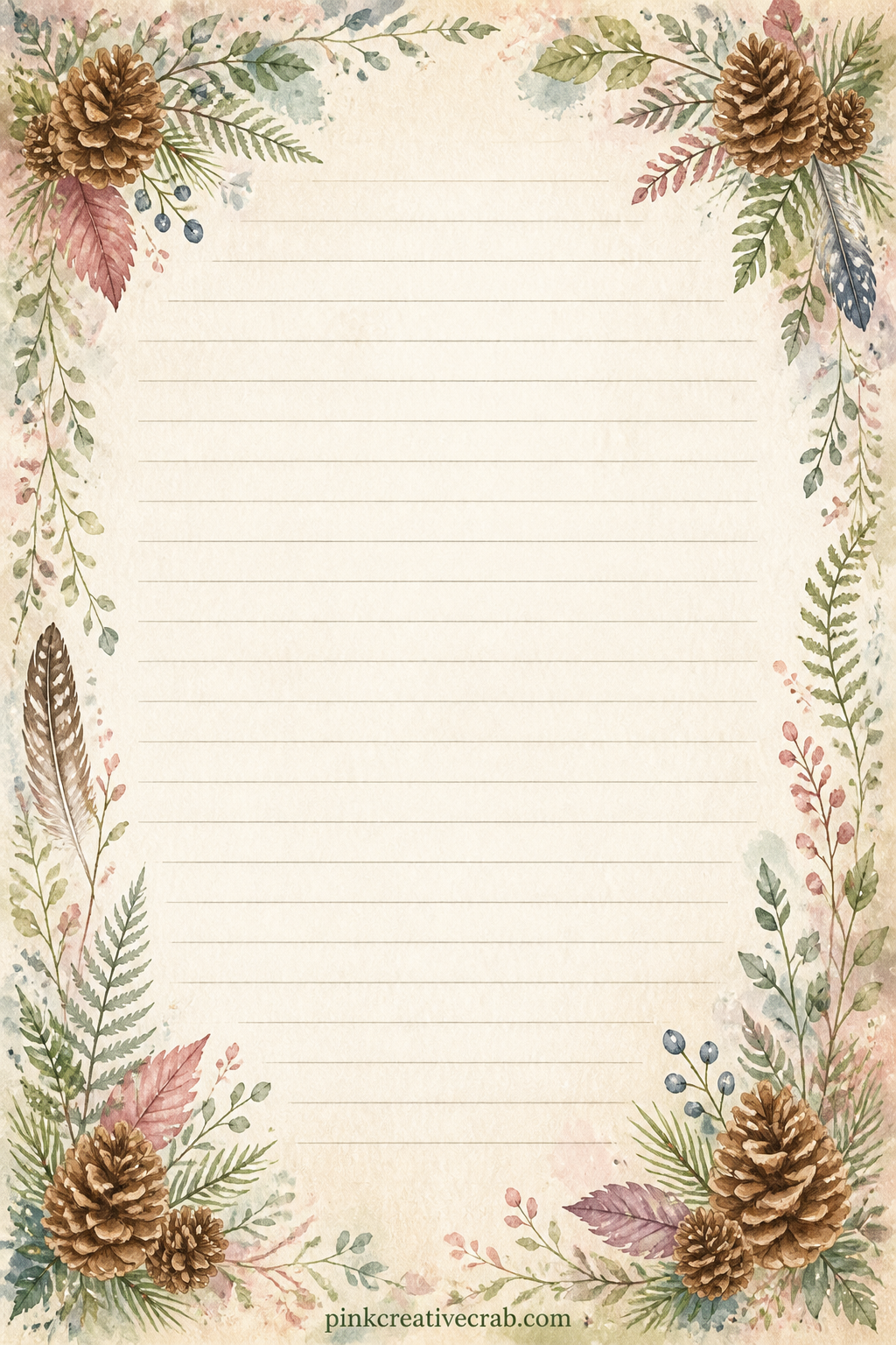 Pinecone Corner Lined Page printable page — Good for a short wildlife log, a list of birds spotted on one walk, or a plain diary entry about the weather and