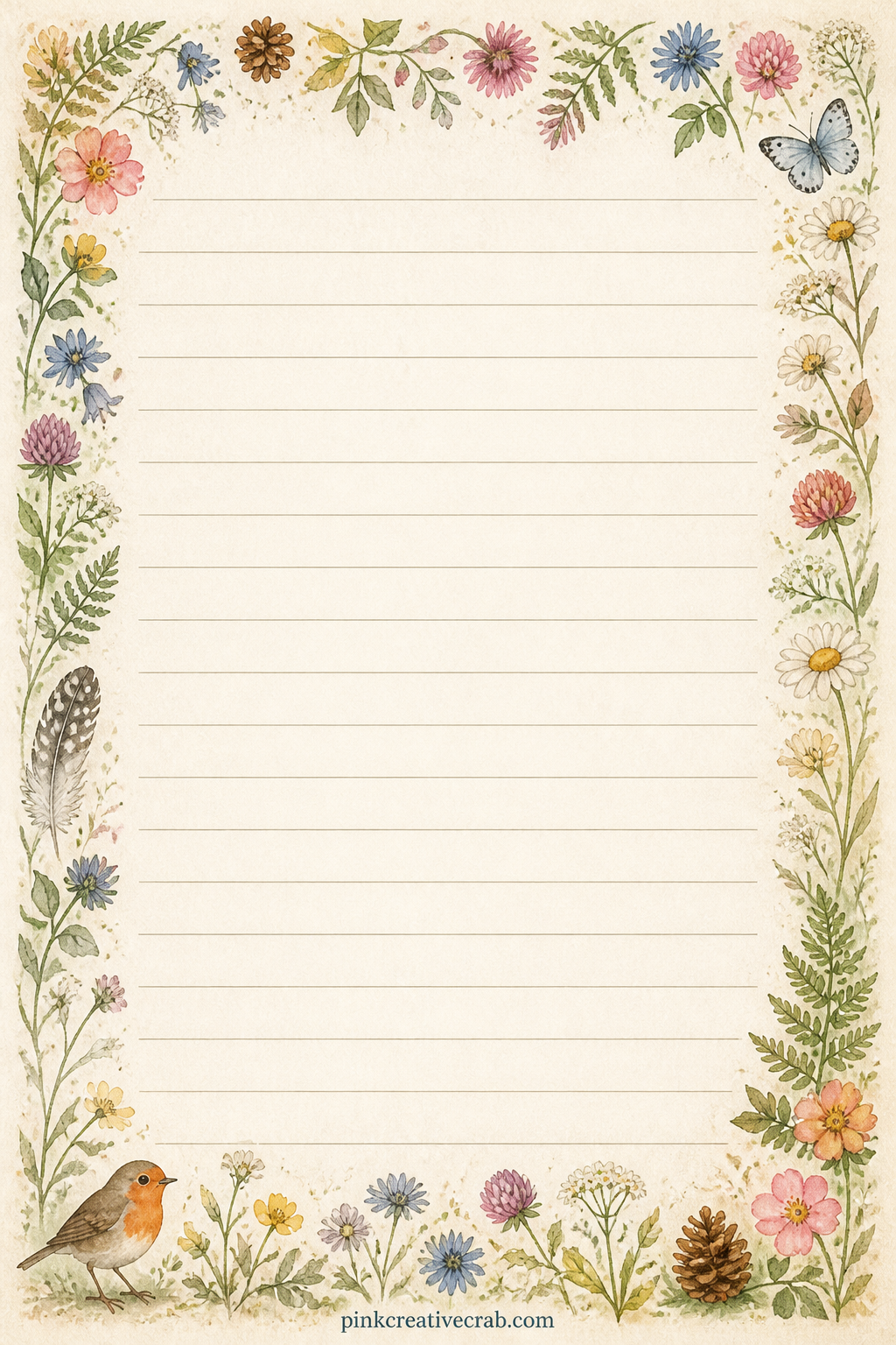 Wildflower Frame Lined Page printable page — Fill these lines with a flower identification note, a memory of where a bouquet was picked, or a short gratitude