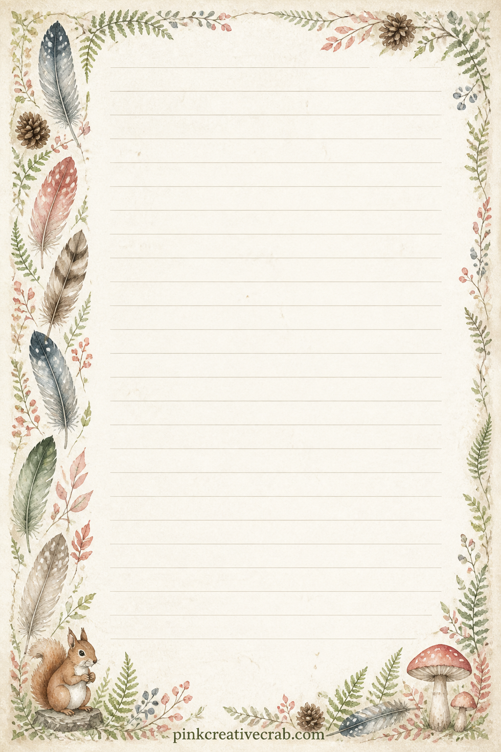 Feather Side Band Lined Page printable page — Write a short description of a bird you could not identify, a recipe for something foraged, or a simple list of