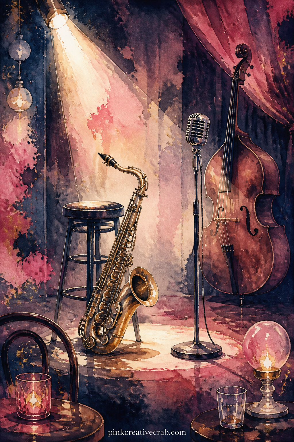 Jazz Club Stage Under Spotlight printable page — Tuck a ticket stub or a napkin from a real concert night onto this page before gluing it in, right where the