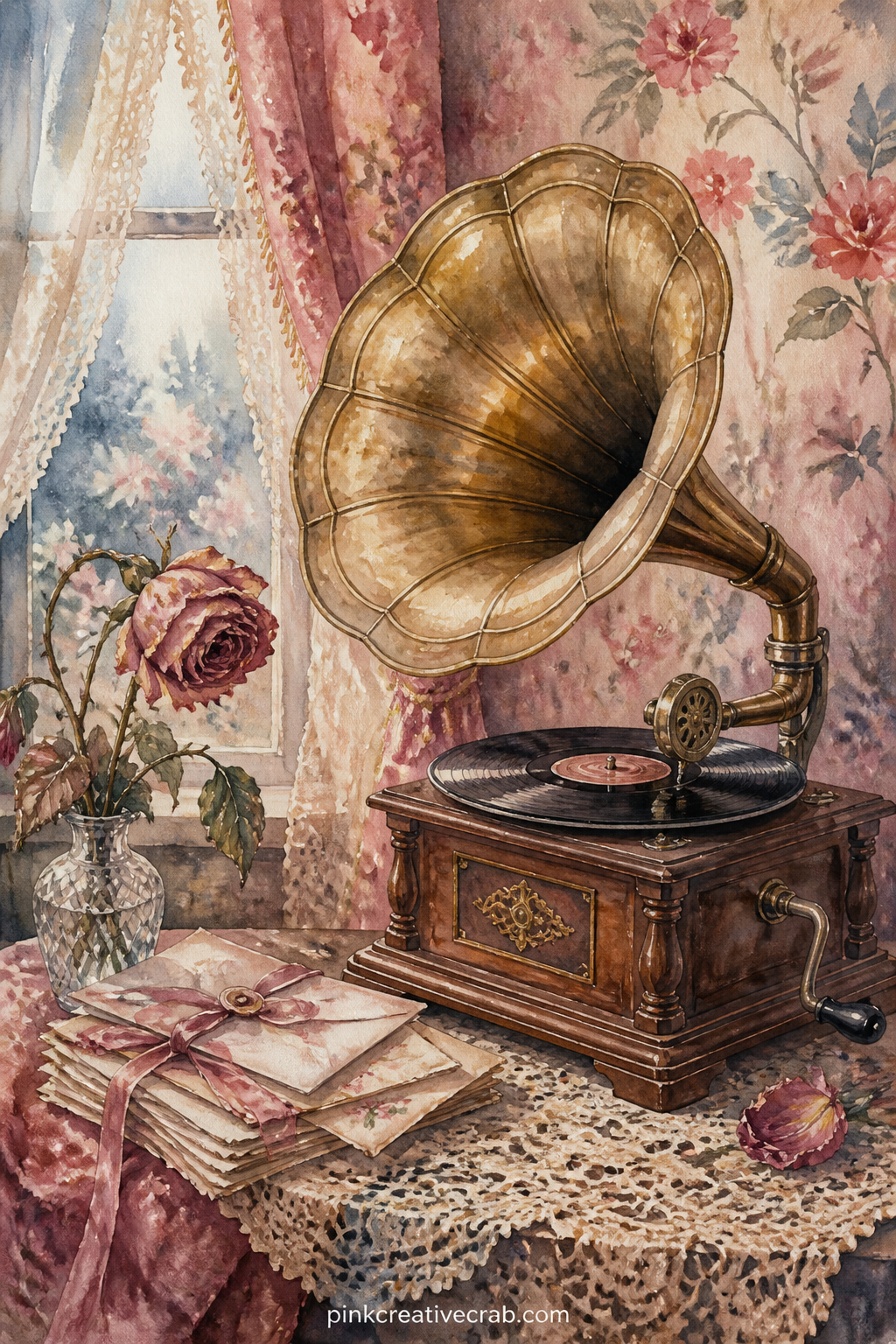 Gramophone In The Parlor printable page — Sitting on a lace-covered table beside a wilting rose and a stack of old letters, the gramophone's brass horn catches