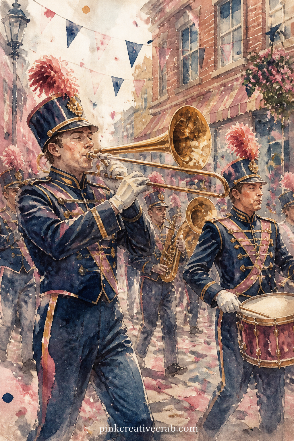 Marching Band Street Parade printable page — A trombone, a drum and a row of brass instruments move down a painted street scene, with bunting, scattered