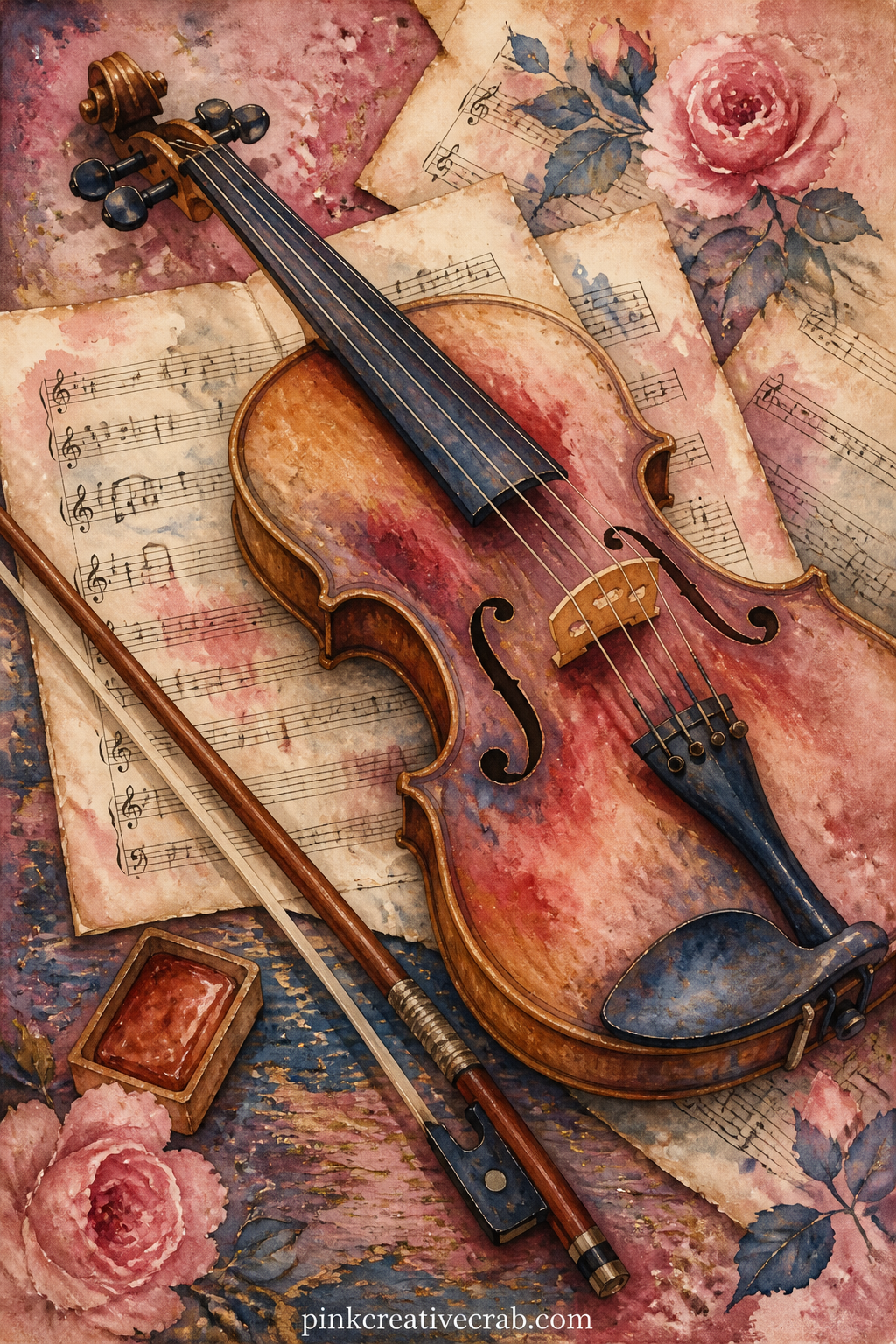 Violin Resting On Sheet Music printable page — The usual mistake with a still life page like this is leaving the surface under the main object too plain, so