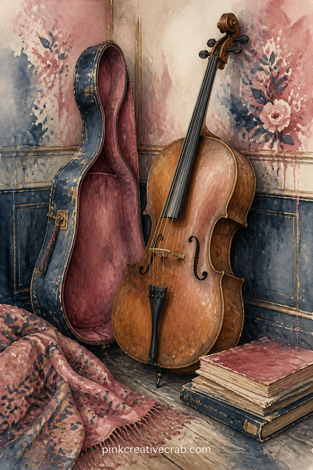 Cello Leaning In A Corner printable page — Leaning against a shadowed wall corner, a cello stands beside its open case lined with faded velvet, a folded shawl
