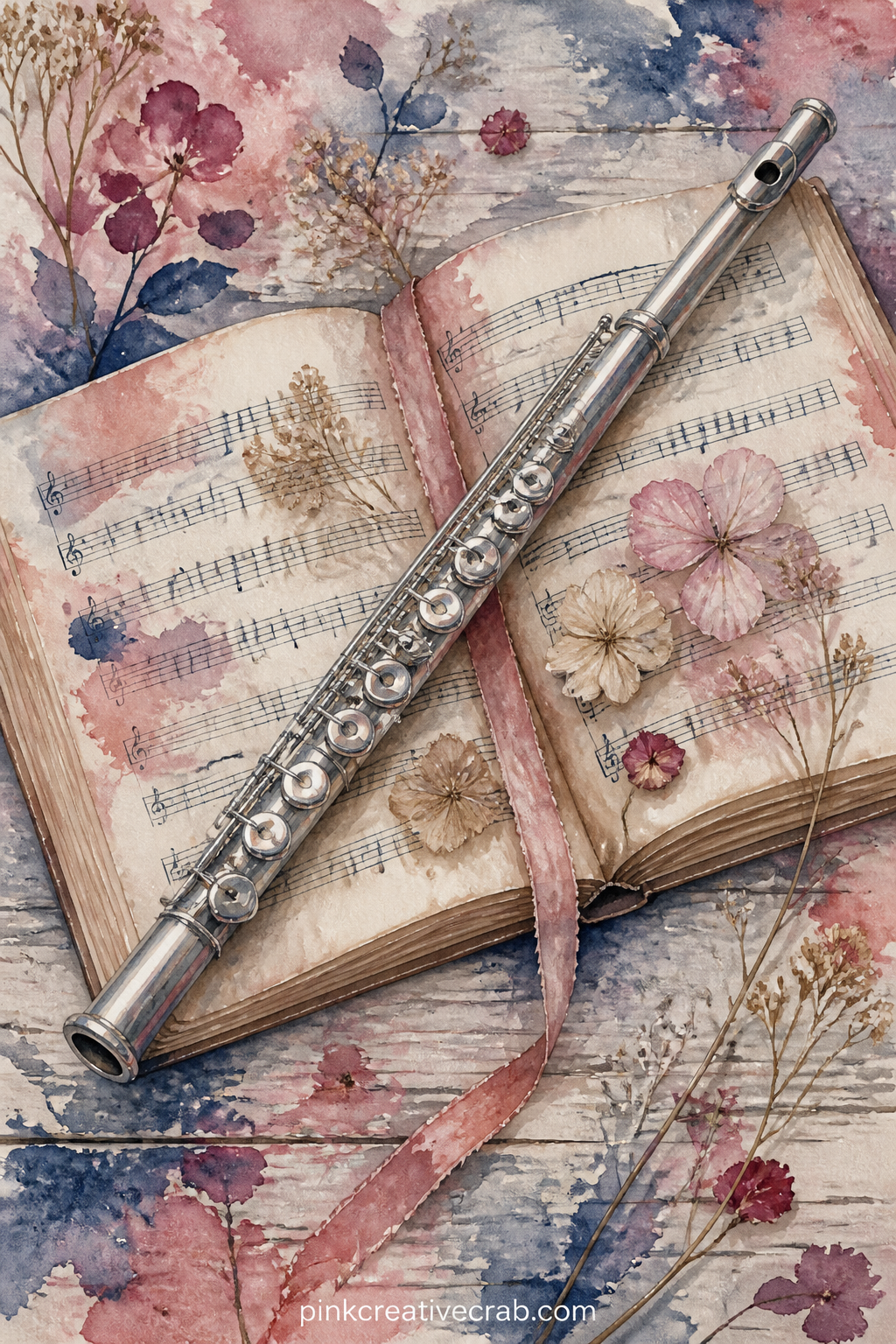 Flute And Pressed Flowers printable page — Who is this page for in a gift journal: the quiet flautist in the family, the one who keeps pressed flowers tucked