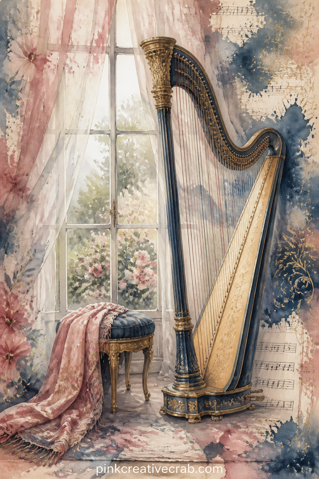 Harp By A Tall Window printable page — A tall harp stands beside a sunlit window with gauzy curtains, a small stool and a dropped shawl nearby, the window