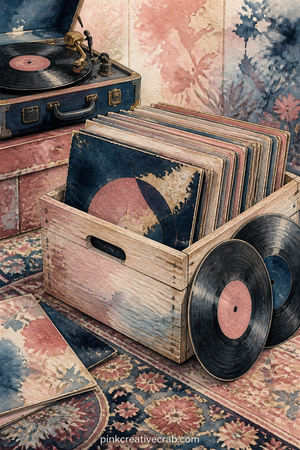 Vinyl Records In A Wooden Crate printable page — Tuck a real record store receipt or a handwritten tracklist into the space beside this crate before the page