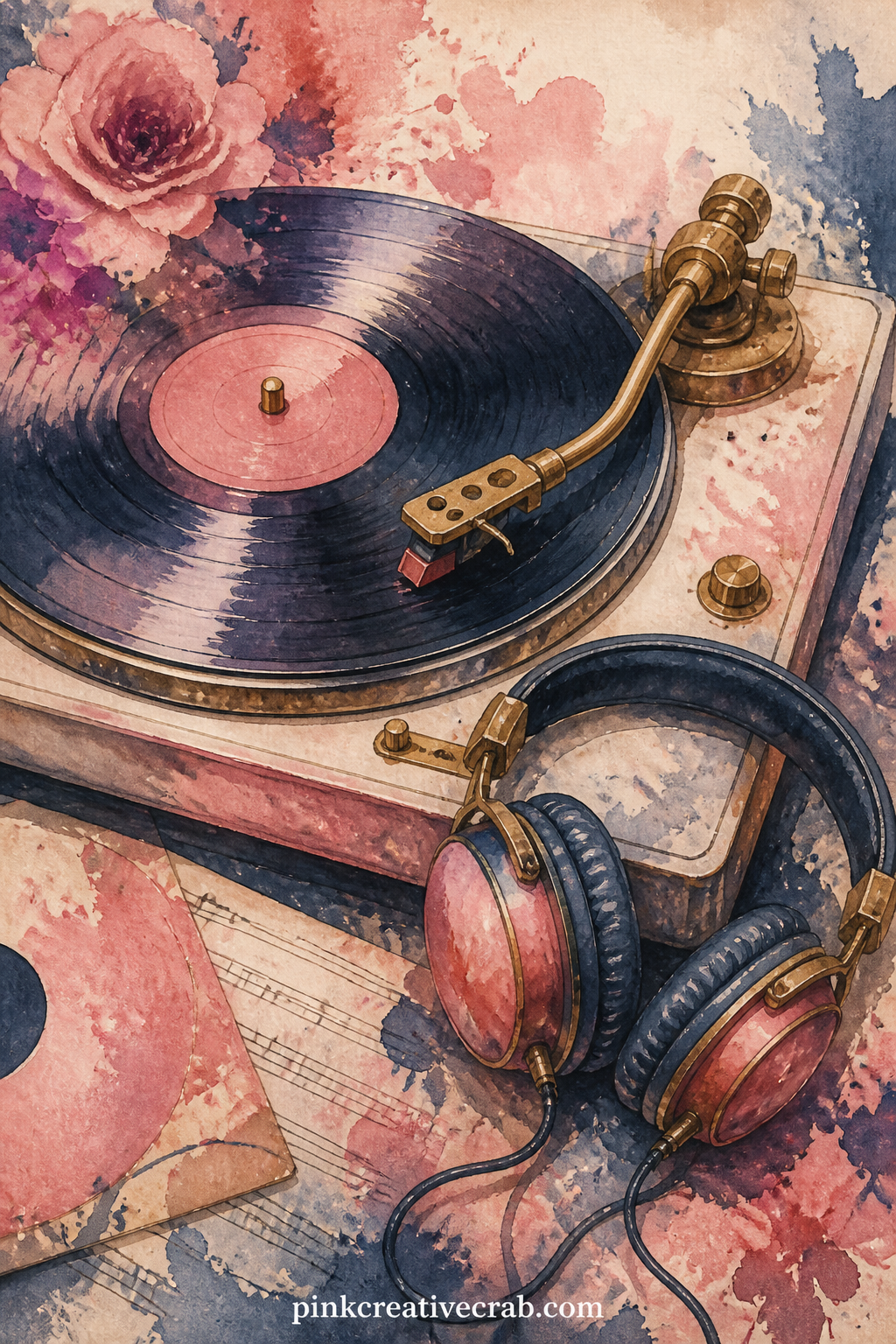 Turntable And Headphones printable page — The five minute version of this page: a turntable with the needle resting mid-record, a pair of headphones draped
