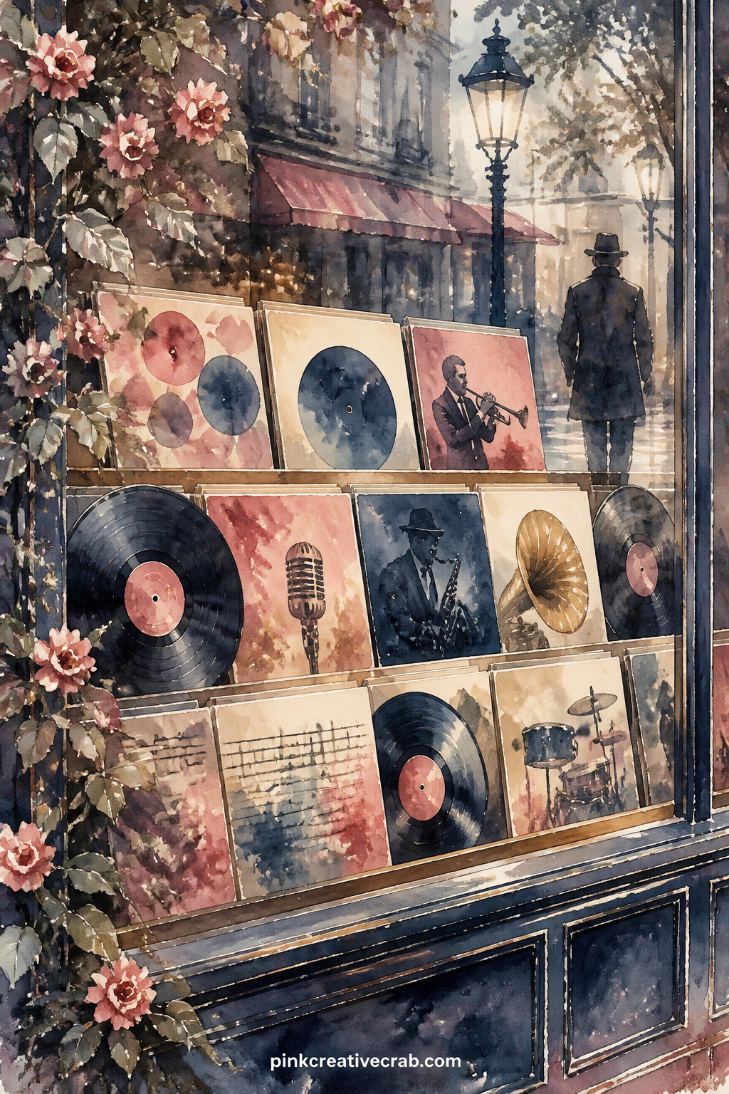 Record Store Window Display printable page — Place this page across from the gramophone parlor scene earlier in the set, so a journal reader flips from an old