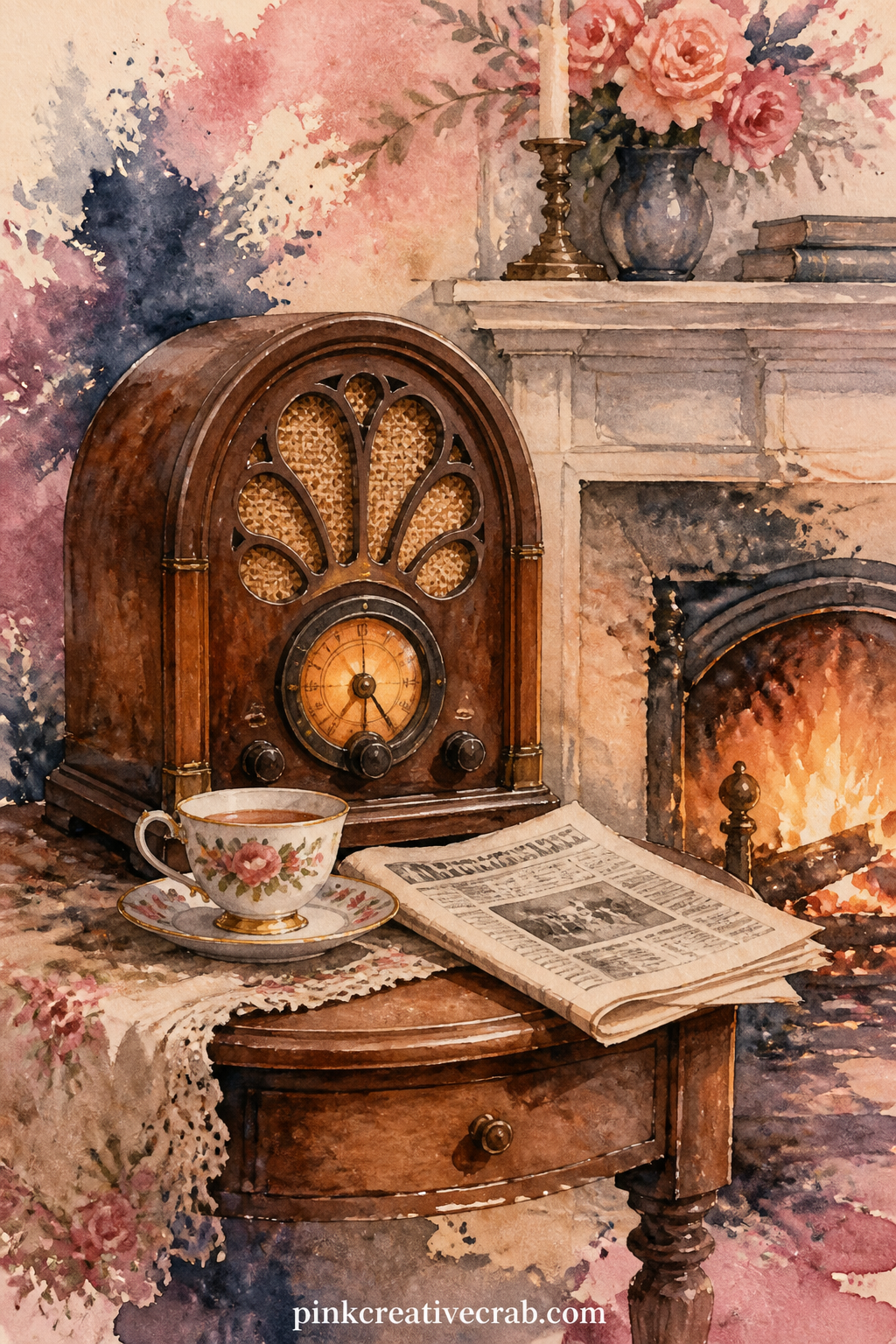 Radio By The Fireside printable page — An old wooden radio glows warm on a side table near a fireplace, a cup of tea and a folded newspaper resting beside it
