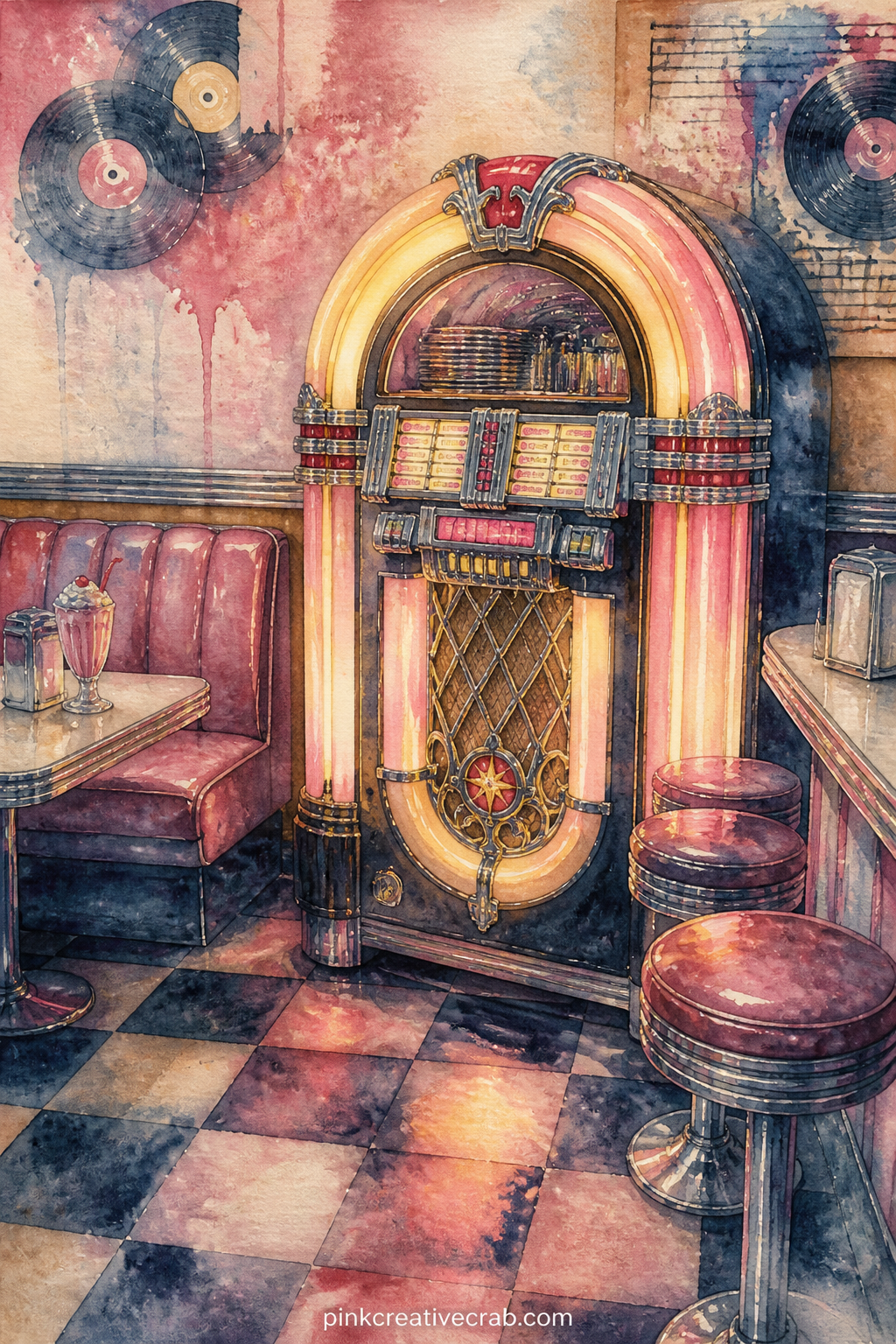 Jukebox In A Diner Corner printable page — A single sentence is all this page needs: a glowing jukebox stands in the corner of a checkered diner floor, its
