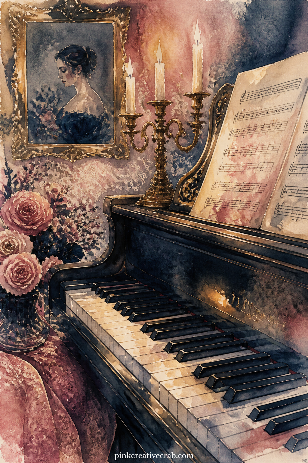 Piano Keys In Candlelight printable page — Glue a small folded hymn sheet or a handwritten line of lyrics directly across the open keys before adding this page