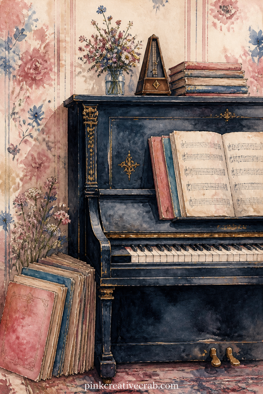 Upright Piano With Music Books printable page — Stacked music books lean against the side of an upright piano, a metronome ticking on top and a small vase of