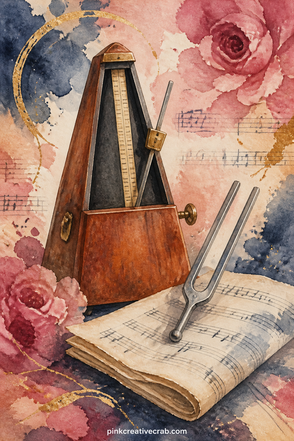 Metronome And Tuning Fork printable page — This page suits the practical musician in a gift journal, the one who still keeps a real metronome ticking on the