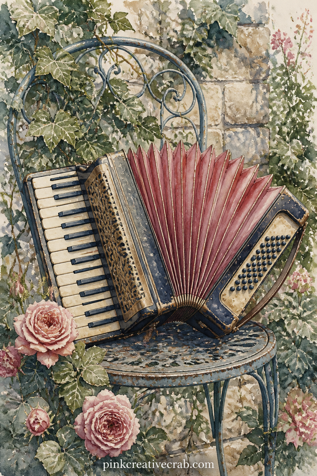 Accordion On A Garden Chair printable page — An accordion rests open on a garden chair, its bellows caught mid-stretch, with climbing ivy and a stone wall