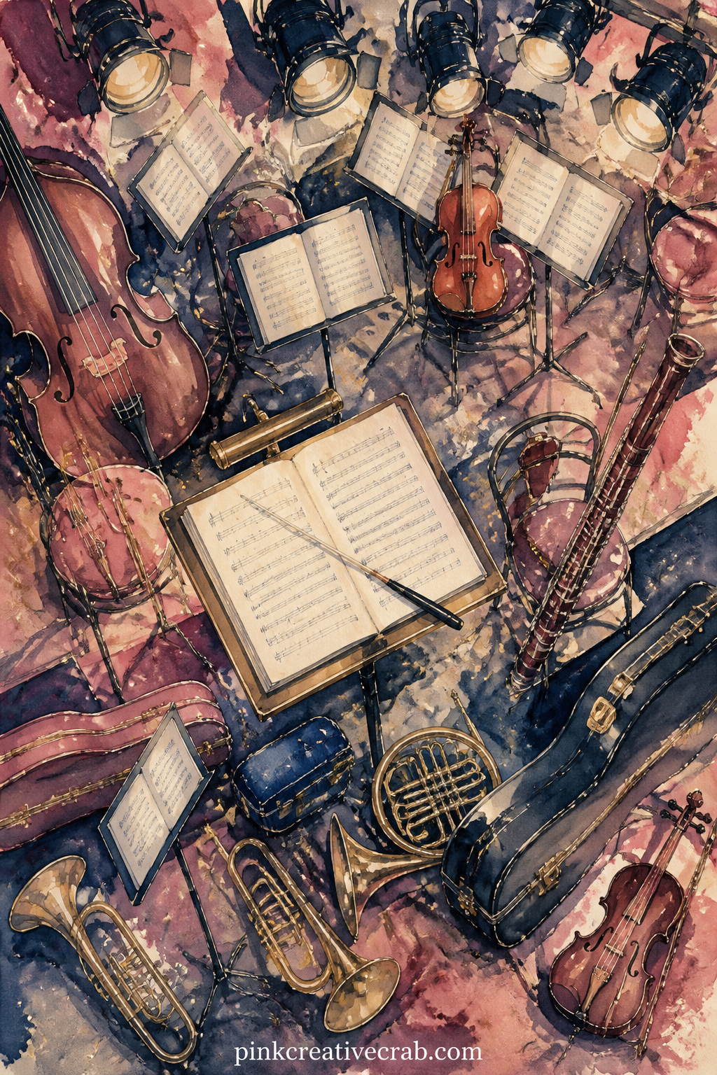Orchestra Pit From Above printable page — Viewed from a balcony above, music stands and instrument cases cluster in the orchestra pit, a conductor's baton