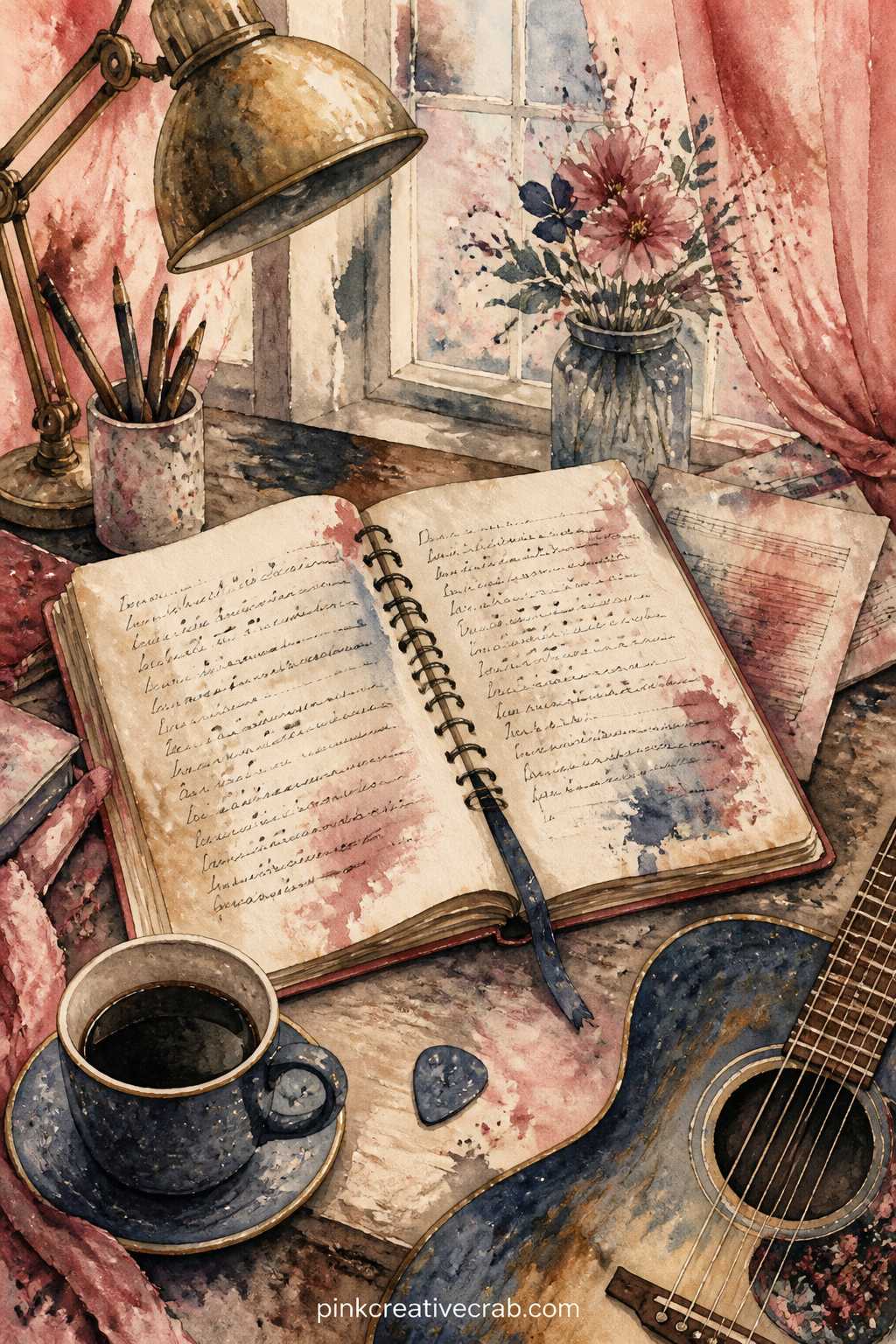 Songwriter's Desk With Lyrics printable page — Write the opening line of a song that means something, right across the blank corner of this desk scene, before