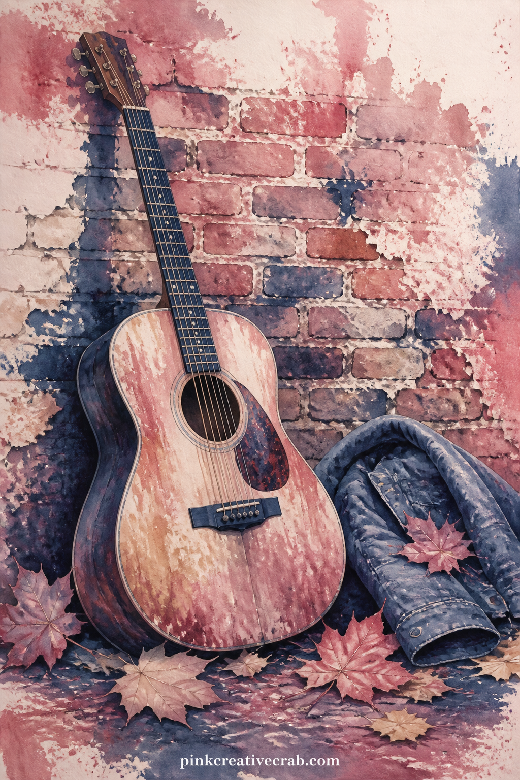 Guitar Against A Brick Wall printable page — An acoustic guitar leans against a worn brick wall, a scattering of fallen leaves and a folded jacket nearby, the