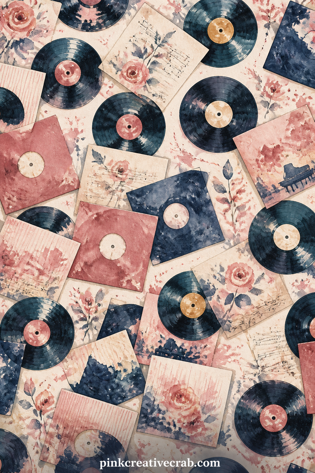 Vinyl Record Scatter Background printable page — Small vinyl records and record sleeves tumble across the page in a loose scatter, a good choice under a photo