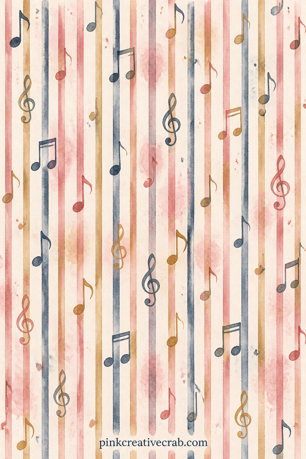 Ticking Stripe With Notes printable page — Thin ticking stripes run behind a scatter of tiny musical notes, giving a quieter texture for a pocket lining or a