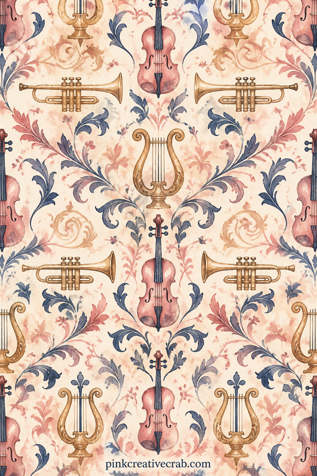 Damask Of Instruments Background printable page — A damask arrangement of violins, trumpets and lyres repeats in soft symmetry, suited to a journal cover or a
