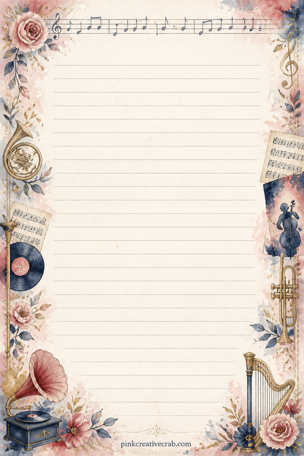 Sheet Music Border Lined Page printable page — Along the top edge a faint strip of sheet music frames the ruled lines below, ready for a concert setlist, a
