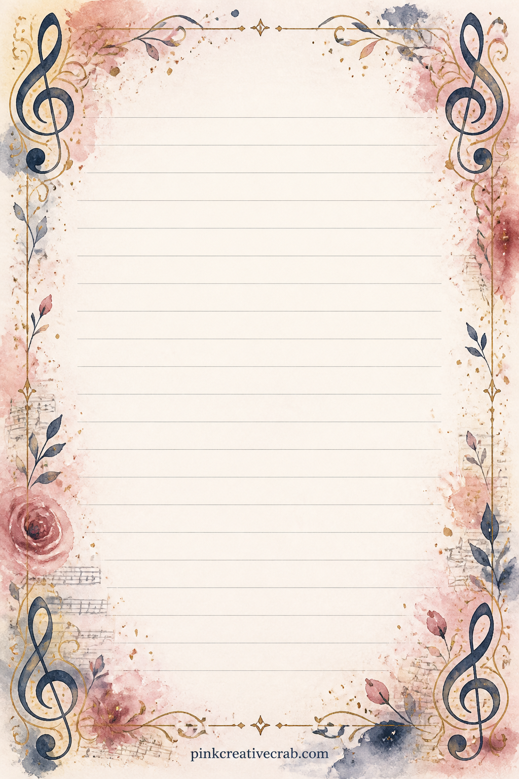 Treble Clef Corner Lined Page printable page — Small treble clefs curl in each corner of the page, leaving the centre open for a menu from a favourite jazz