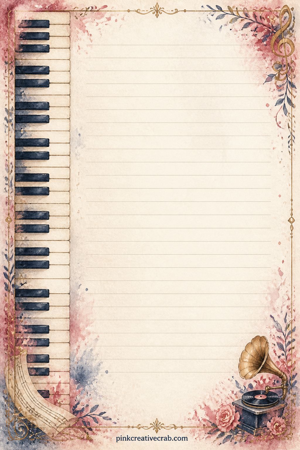 Piano Key Band Lined Page printable page — A narrow band of piano keys runs down the left side of the page, framing ruled lines in the center space for a wish