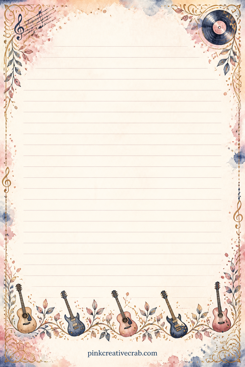 Guitar Vine Lined Page printable page — A slim vine of guitars and leaves trails along the bottom edge, leaving space above for a practice log, a list of songs