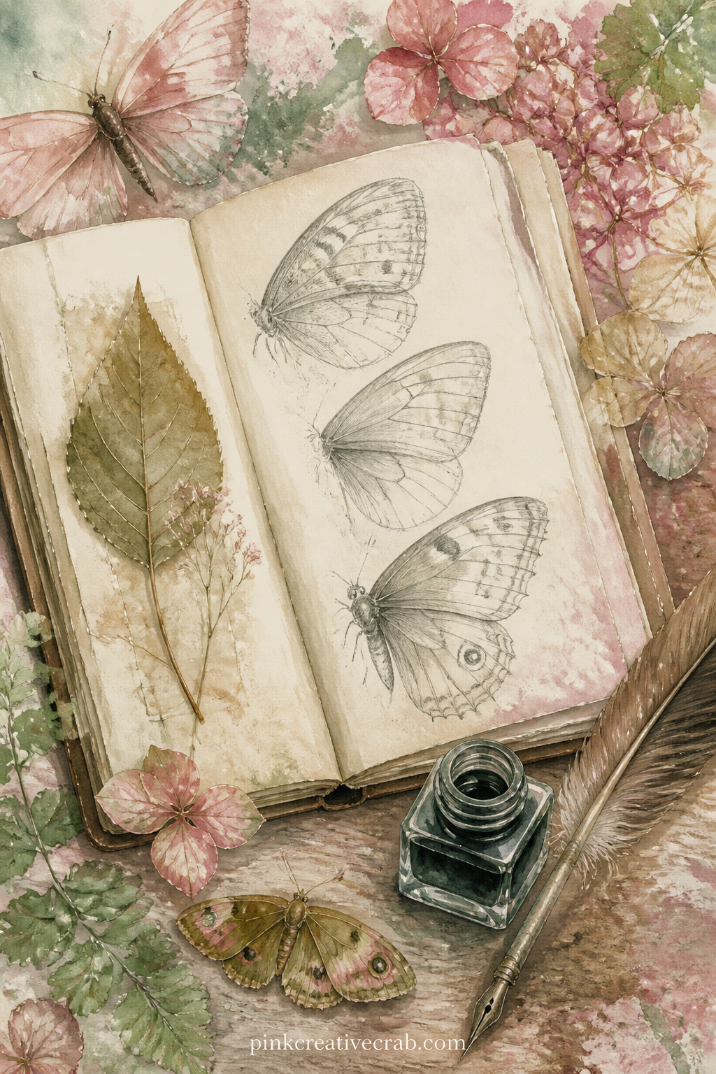Naturalist's Sketchbook Page printable page — Write a short field note across the open page itself: date, weather, where the butterfly was seen. Junk journal