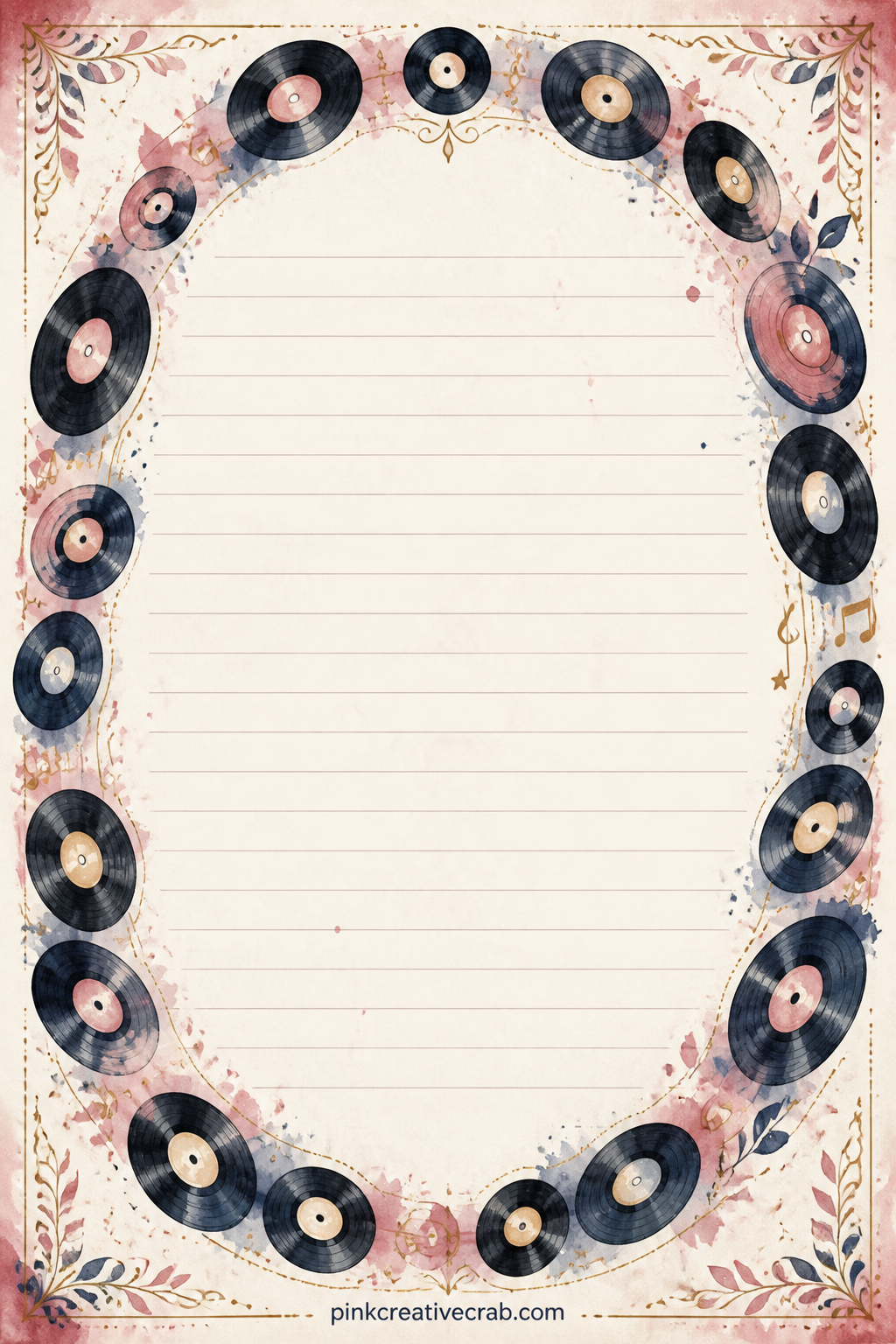 Record Spin Frame Lined Page printable page — A ring of tiny vinyl records frames the page like a spinning border, with open ruled lines at the centre for a