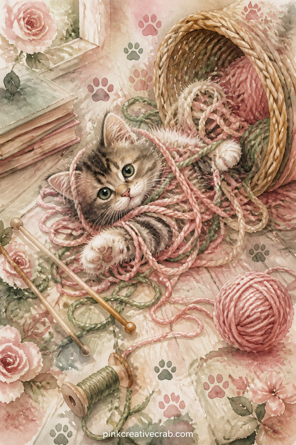 Kitten Tangled In Yarn printable page — Pair this page with the Paw Print and Fish Pattern background from later in this set: use the pattern as a facing page