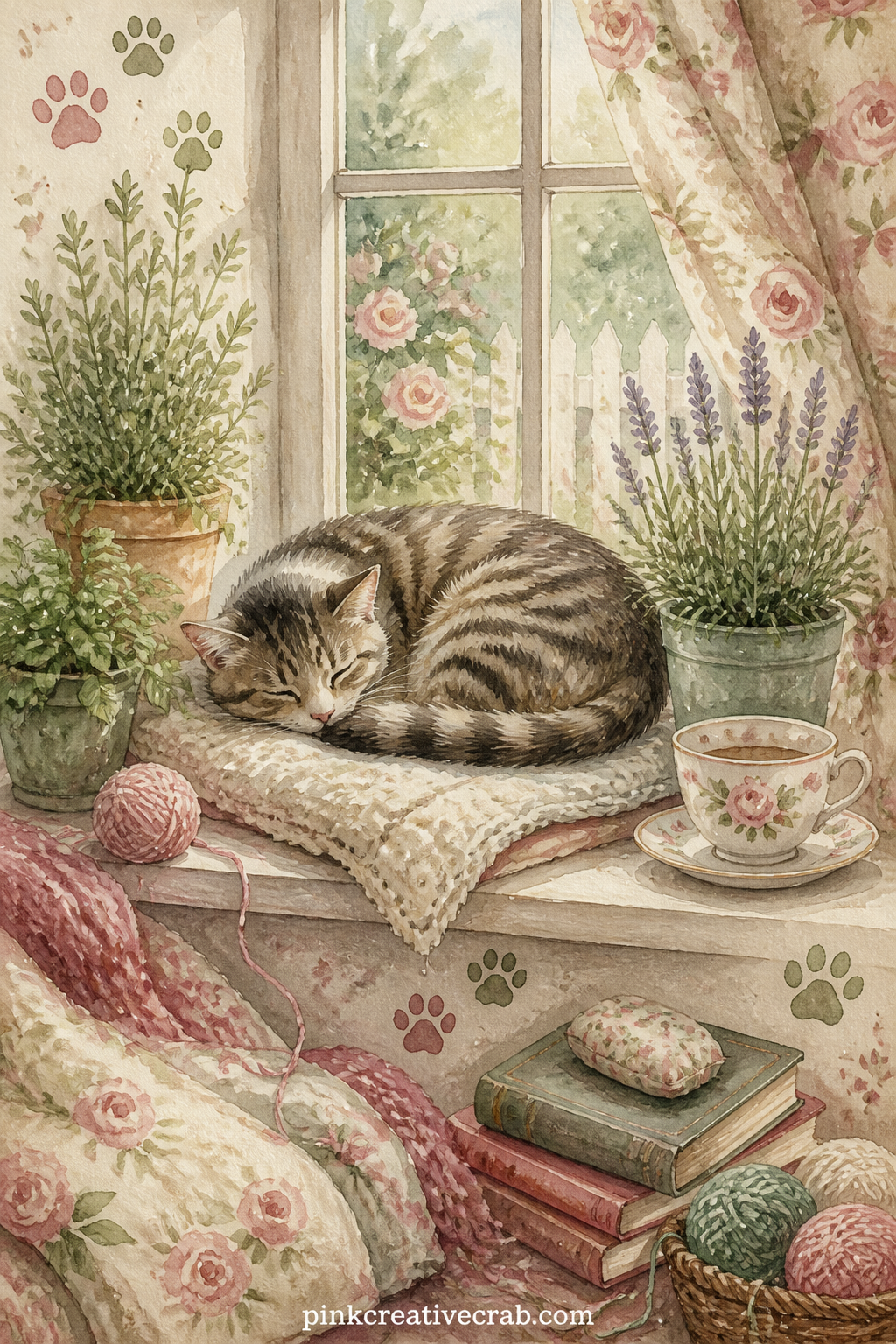 Cat Asleep On Sunny Windowsill printable page — Write the date and the weather outside your own window along the bottom edge, then this page turns into a small