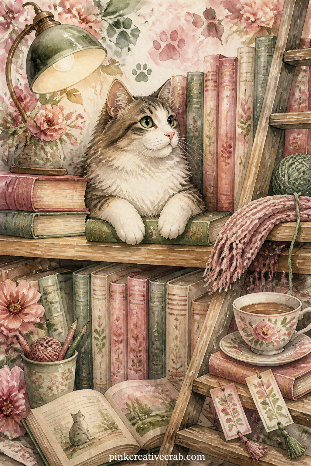 Cat On Bookshop Shelf printable page — Tuck a real bookshop receipt or a torn corner of a paperback cover against this page before you glue it in, so the shelf