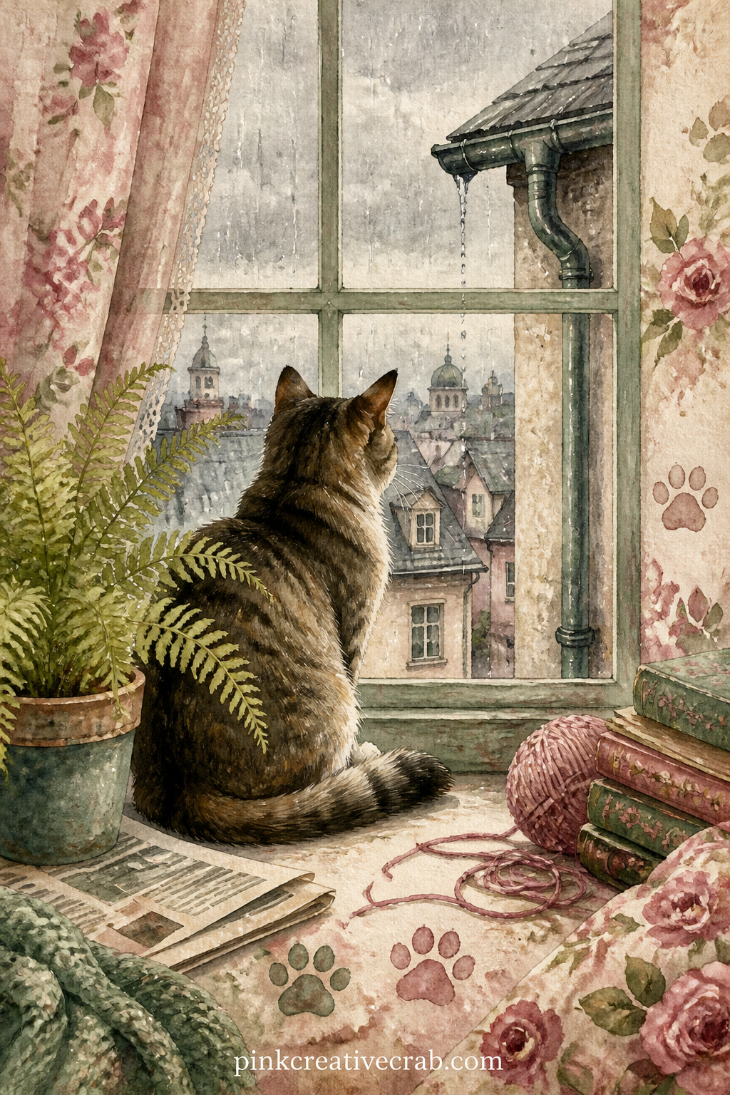 Cat Watching Rain From Window printable page — The usual mistake with a rainy window page is painting the glass too dark, which flattens the cat against it