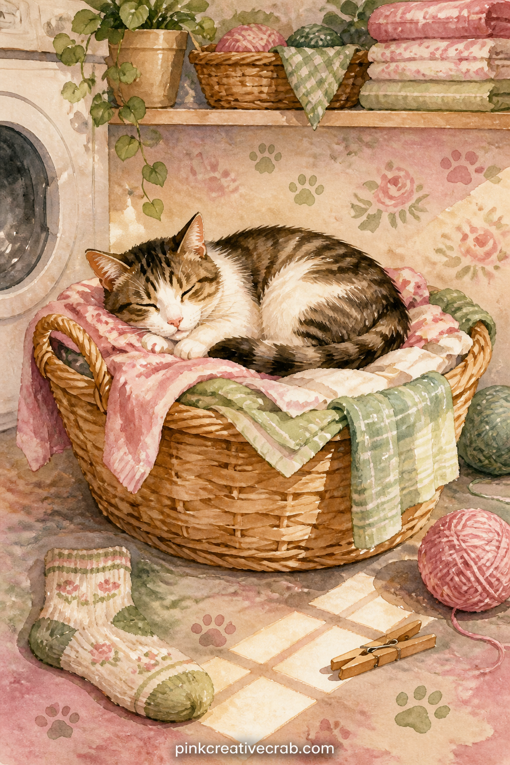Cat Napping In Laundry Basket printable page — Stretches across a full afternoon of small comforts, a cat curled into a basket of warm folded towels with a