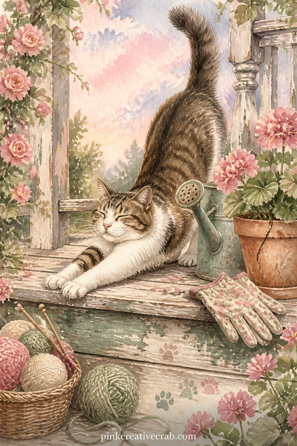 Cat Stretching On Porch Step printable page — This page suits the journal keeper who loves early mornings: leave the lined space below it for a short note