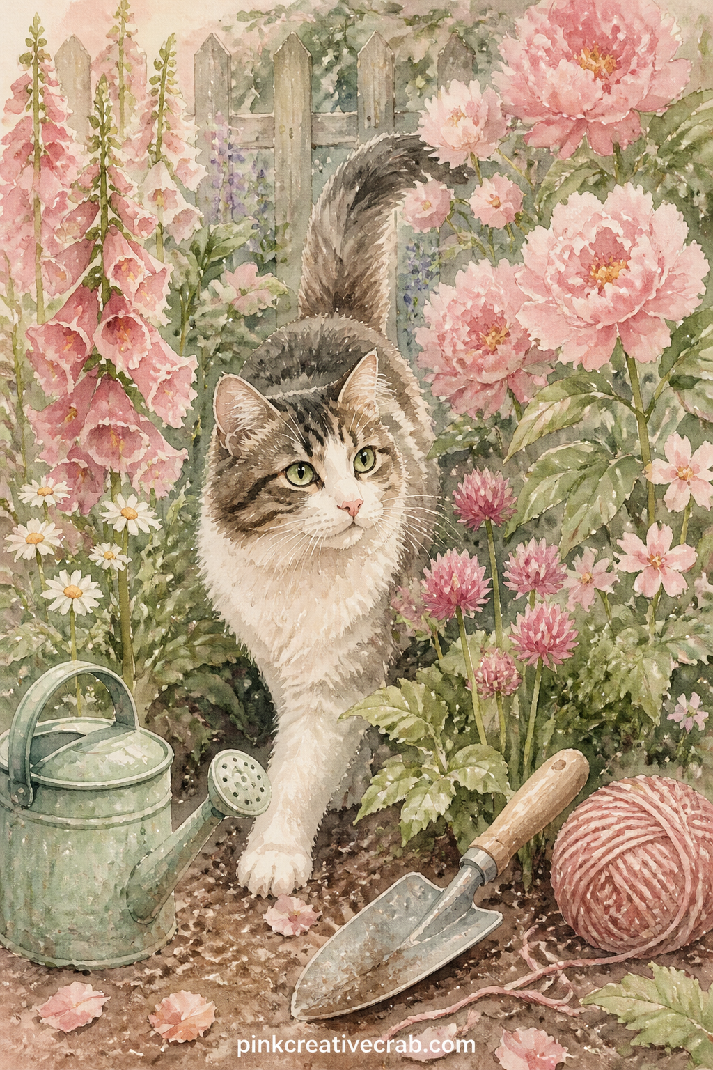 Cat Among Garden Flowers printable page — What would this garden smell like if you could step into the page for a minute, and which flower would the cat nose