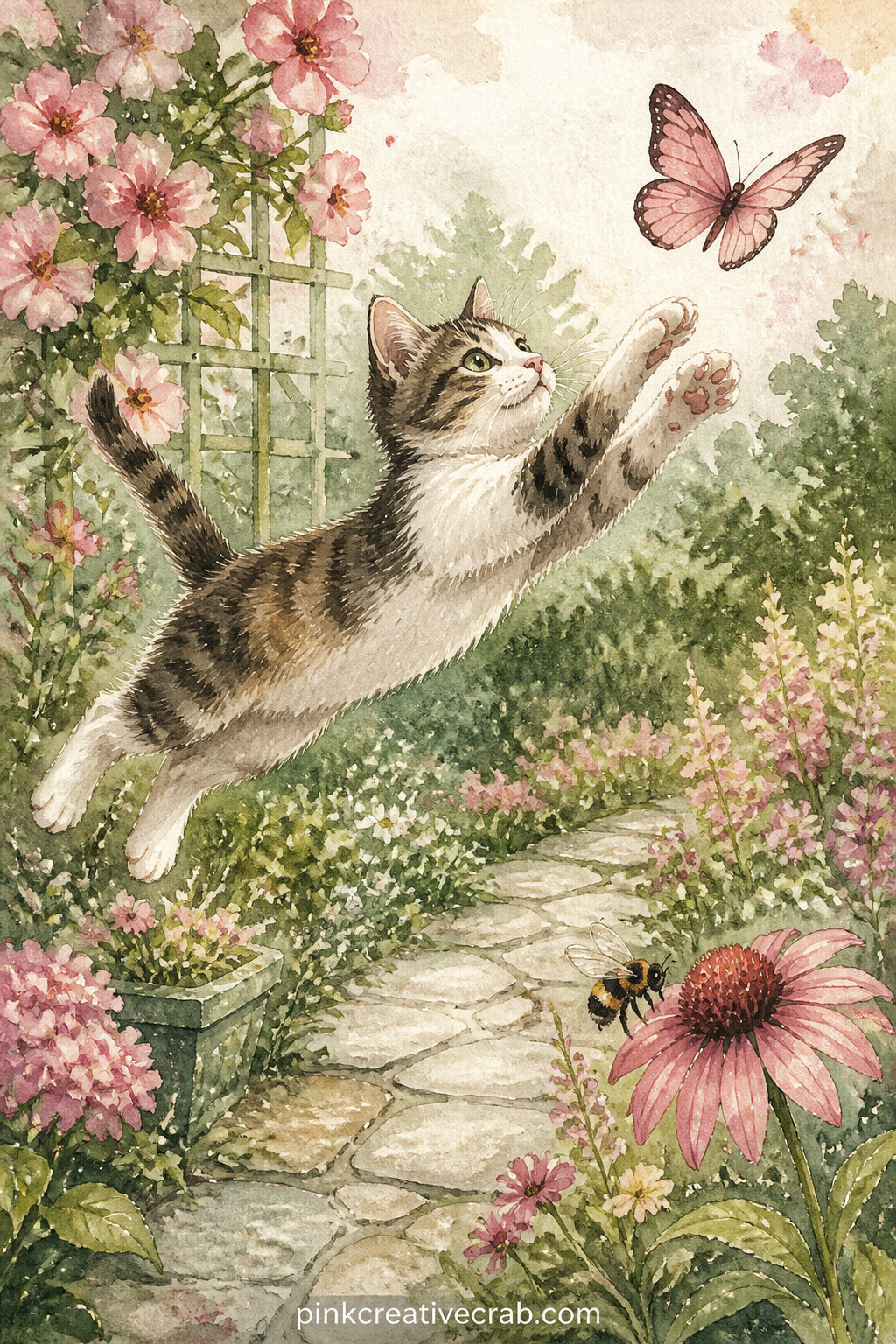 Cat Chasing Butterfly printable page — For the five minute version of this page, paint just the cat mid leap and one butterfly overhead, then add the garden
