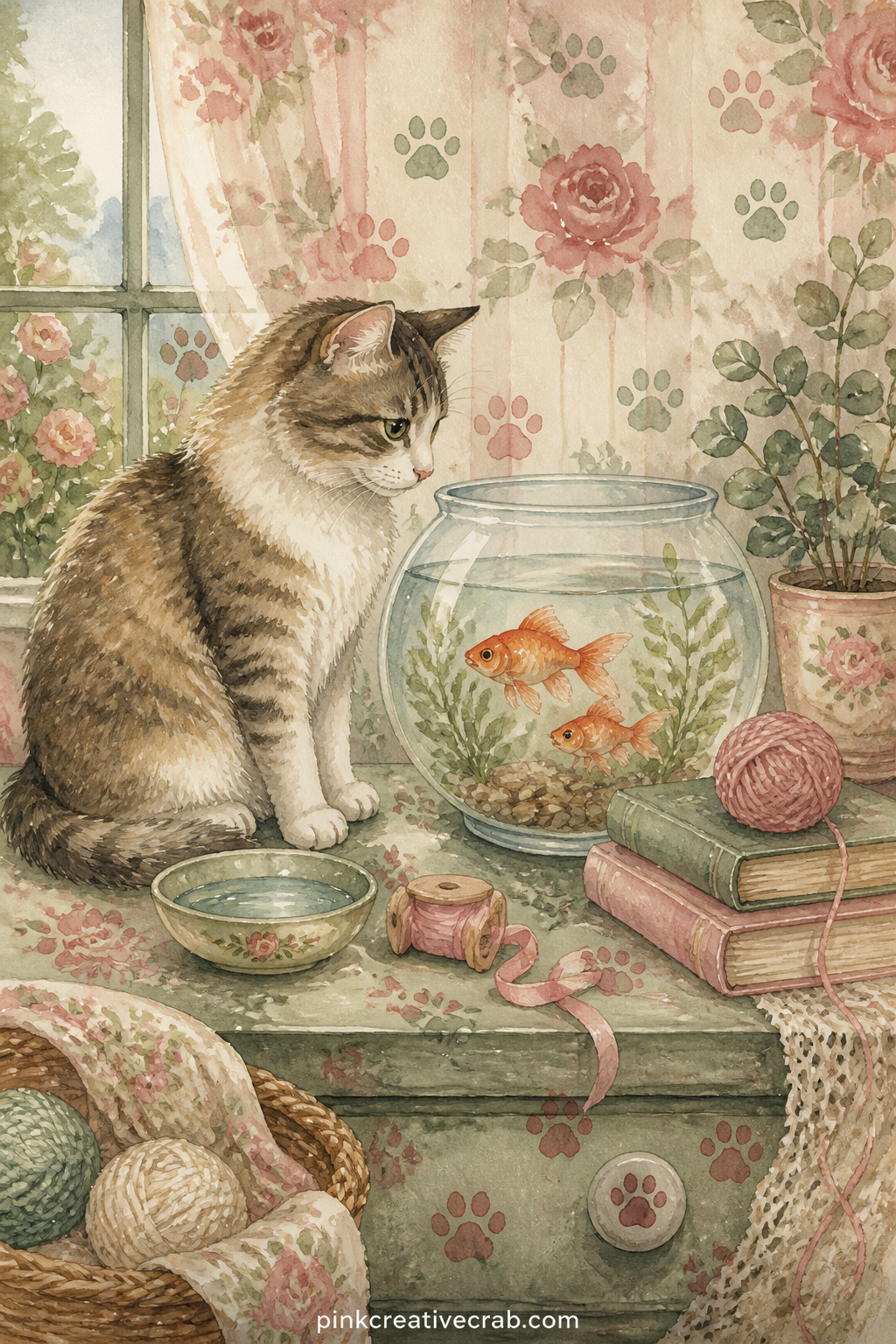 Cat Beside Fish Bowl printable page — Place this page across from a lined sheet so you can write a short list of your cat's favourite spots in the house right