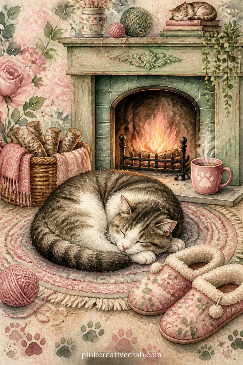 Cat Curled By Fireplace printable page — Tear the top edge of this page by hand before gluing it in, so the warm fireside scene looks like it was pulled from