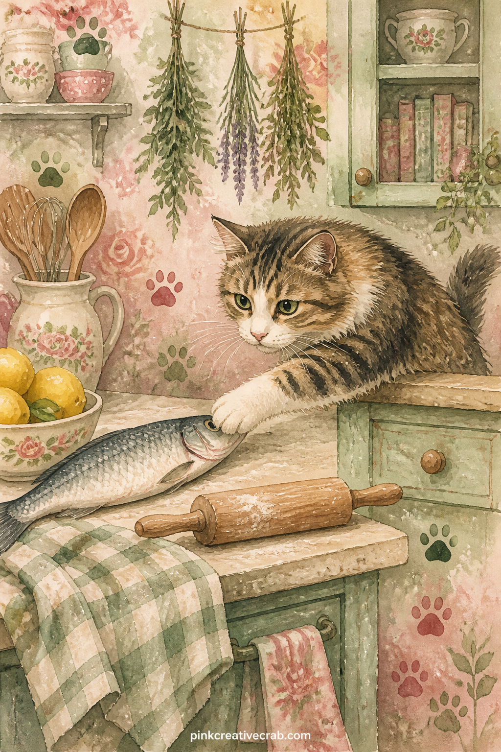 Cat Stealing A Fish From Kitchen Counter printable page — A paw reaches for a fish laid out on a kitchen counter, with a rolling pin, a bowl of lemons and a