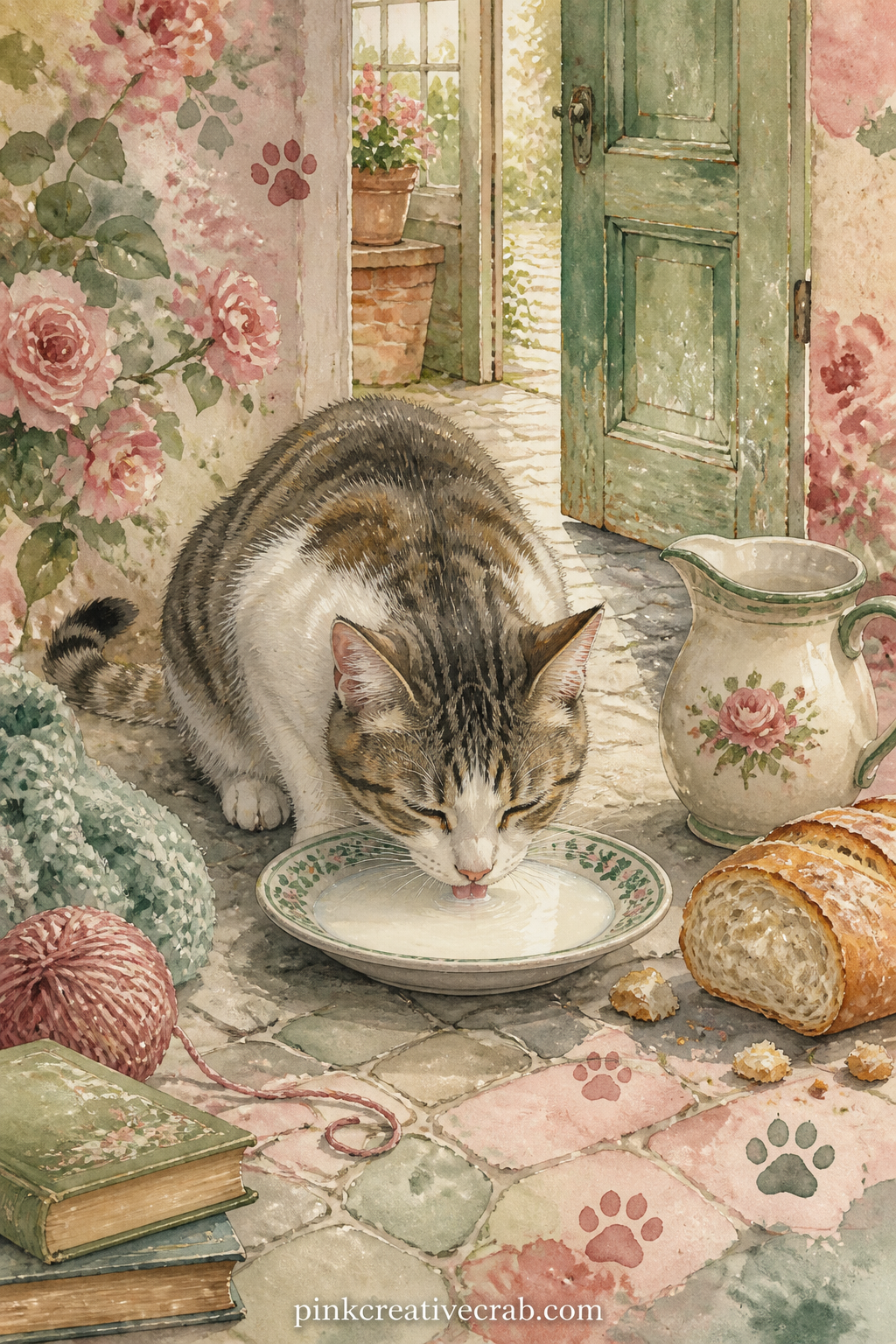 Cat Drinking Milk From Saucer printable page — If you paint for anyone who grew up with a farm cat or a kitchen cat, give her this page: a small saucer of milk