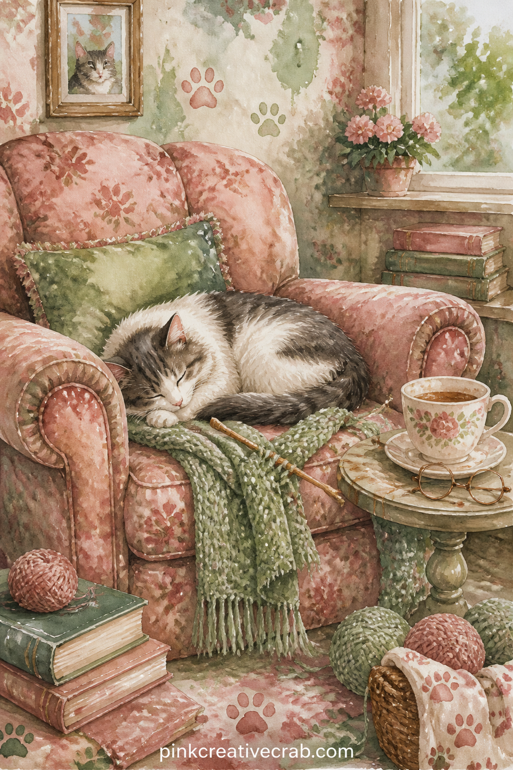 Cat Asleep In Armchair printable page — Knits together the whole idea of a lazy afternoon, a cat curled deep into a worn armchair with a half finished scarf, a