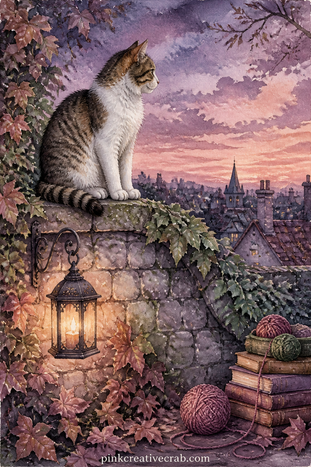 Cat On A Garden Wall At Dusk printable page — Sits a cat along the top of a stone garden wall as evening falls, with a lantern, a climbing vine and a